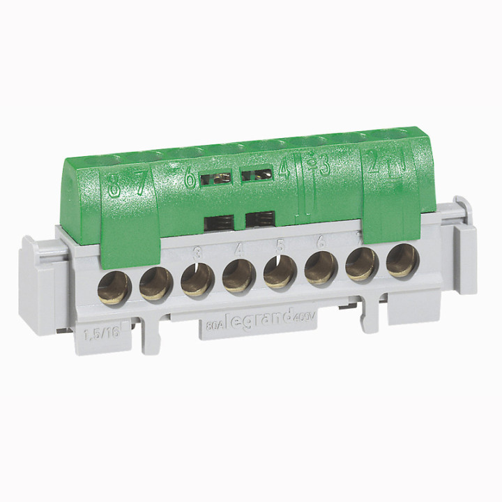 Bornier De Répartition Isolé Ip2X Terre 1 Connexion 6 À 25Mm² - Vert - 141Mm