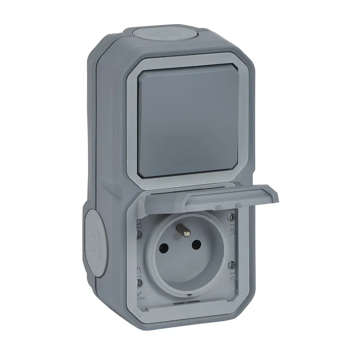 Prise De Courant Avec Va-Et-Vient Vertical Plexo Complet Saillie - Gris