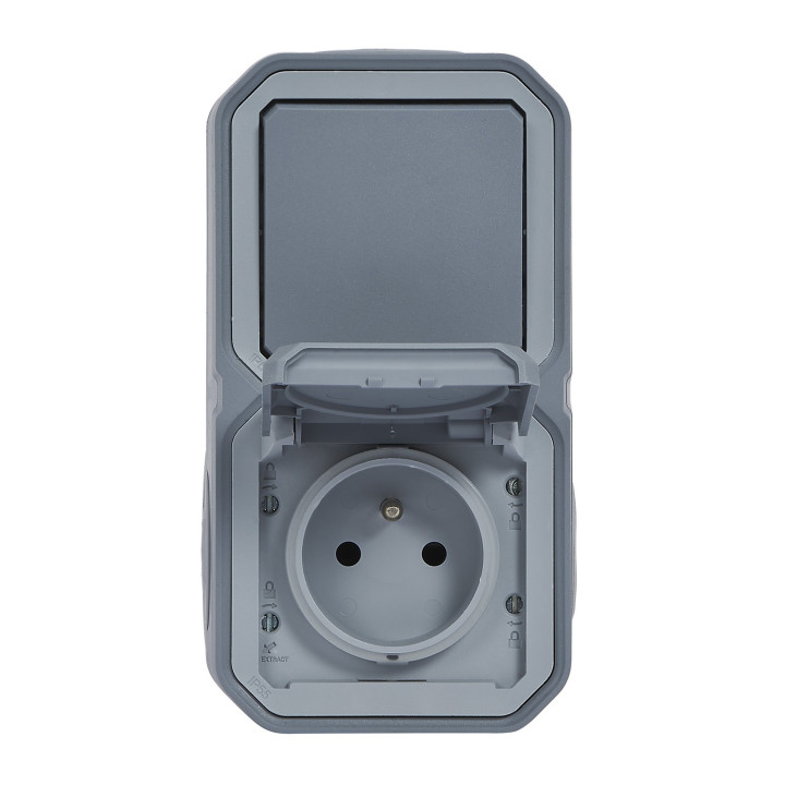 Prise De Courant Avec Va-Et-Vient Vertical Plexo Complet Saillie - Gris