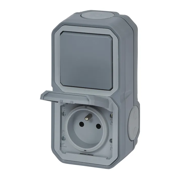 Prise De Courant Avec Va-Et-Vient Vertical Plexo Complet Saillie - Gris