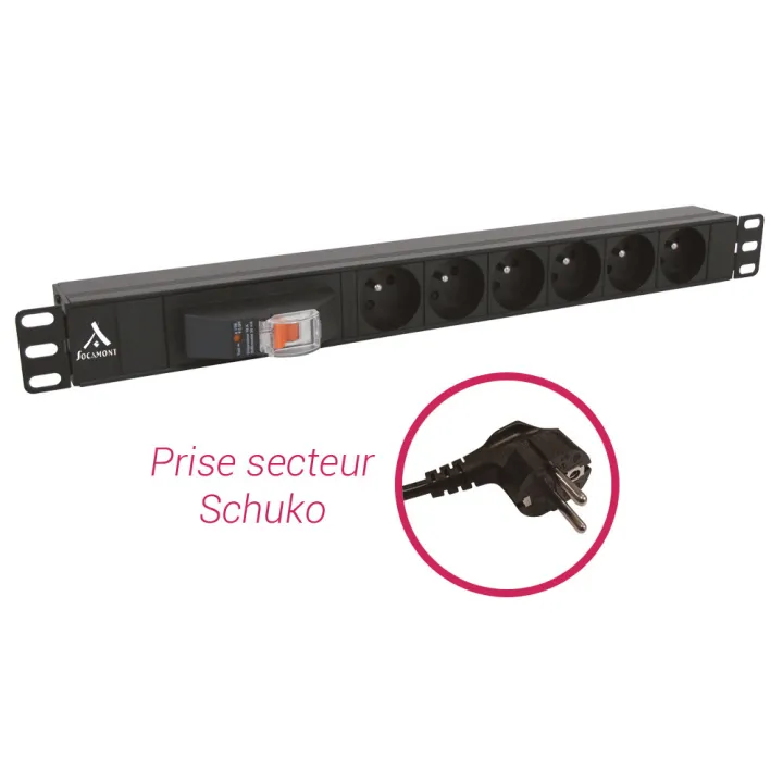 Bandeau 19'S'S 1U 6 Prises+Disjoncteur 16 A Avec Differentiel 30Ma