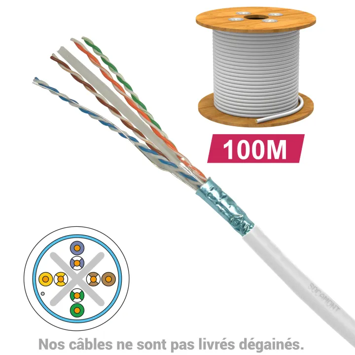 Câble Cat6 Futp Lszh 1X4P 100 Ohms Awg23 Touret 100M Gaine Blanche