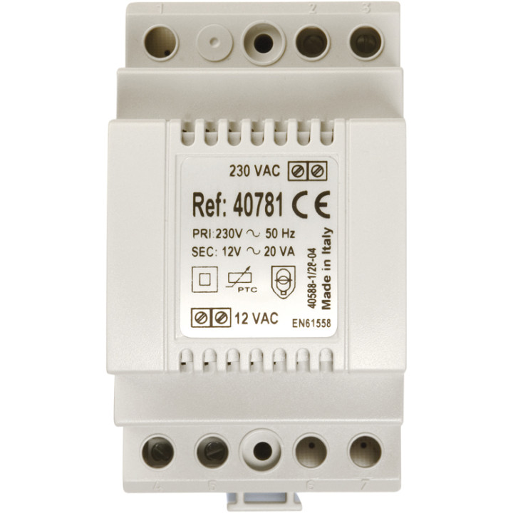 Transformateur 230 Vac / 12 Vac / 1,5 A, fixation DIN 3 modules ou vis