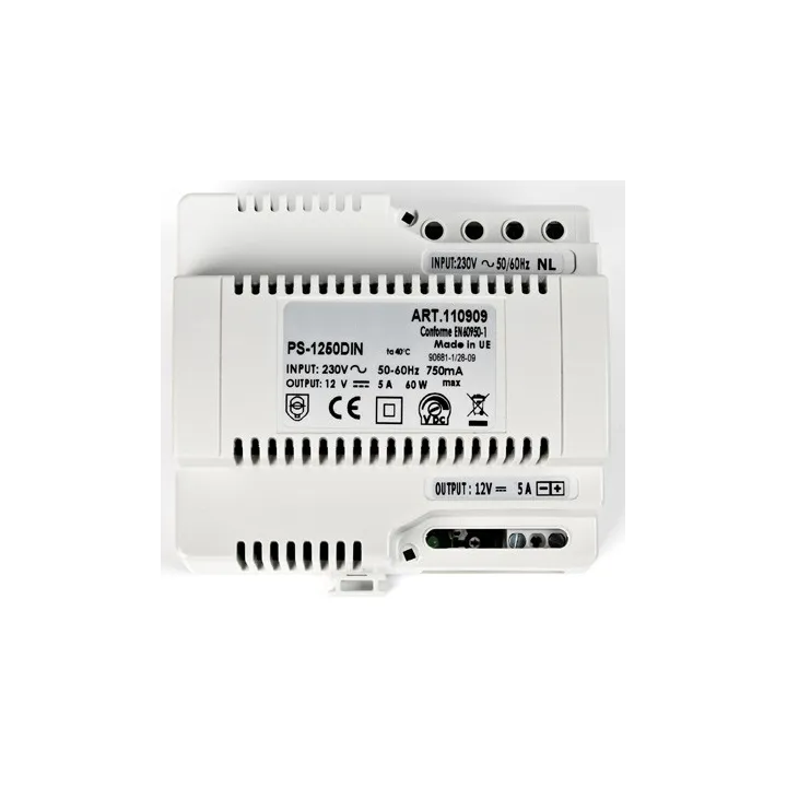 Alimentation Modulaire 230 Vac / 12 Vcc - 5 A, Fixation Rail Din 6 Modules