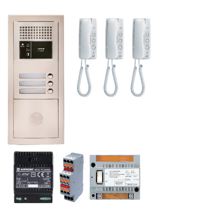 Pack audio 3 BP programmé, encastré, centrale, alim. & 3 postes audio GT1D