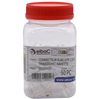 CONNECTEUR RJ45 UTP CAT6 TRAVERSANT NAVETTE 8C1.1/6.5 Boite 50 PC