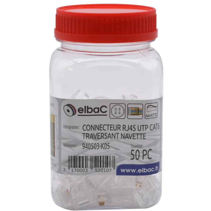 Connecteur Rj45 Utp Cat6 Traversant Navette 8C1.1/6.5 Boîte 50 Pc