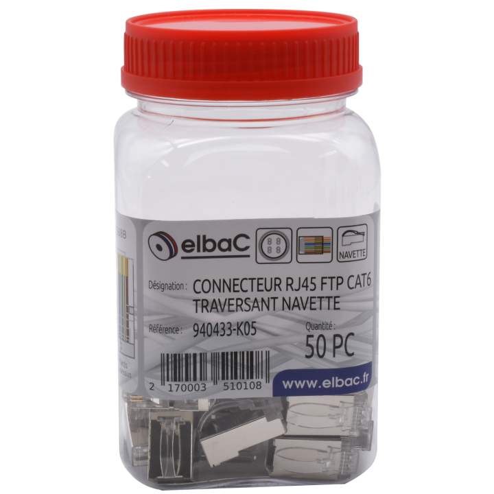 CONNECTEUR RJ45 FTP CAT6 TRAVERSANT NAVETTE 8C1.1/6.5 Boite 50 PC