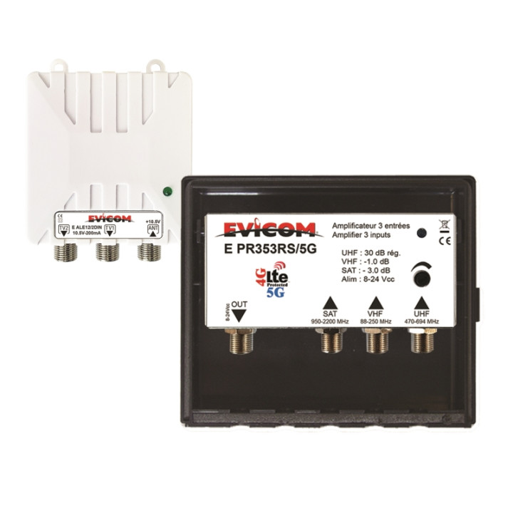 Kit Préamplificateur 30 Db Avec Couplage Sat Et Vhf + Alimentation 10 Vcc 2 Sorties