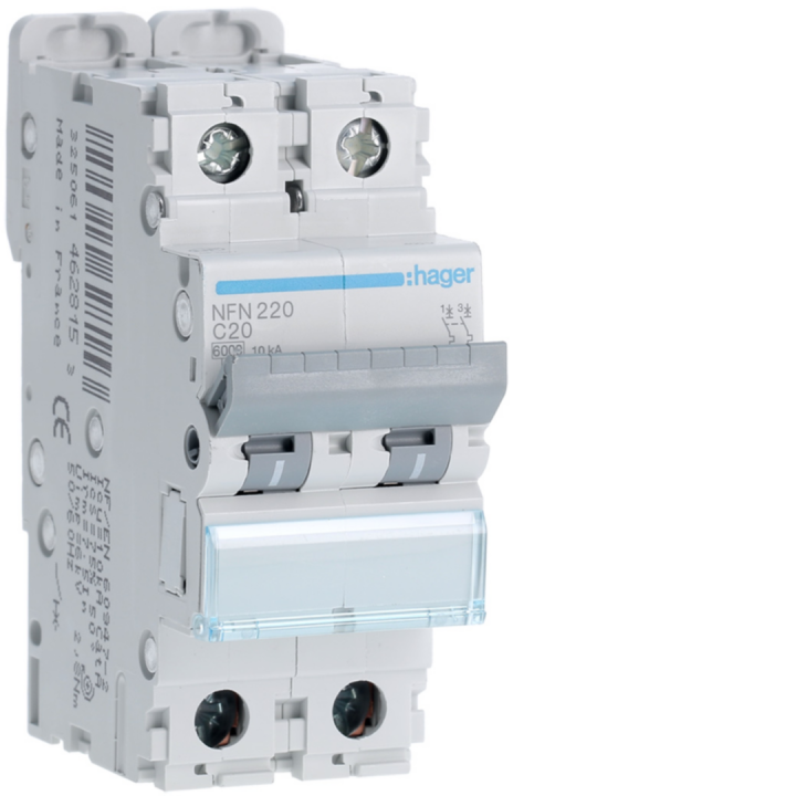 Disjoncteur 2P 6-10Ka Courbe C - 20A 2 Modules