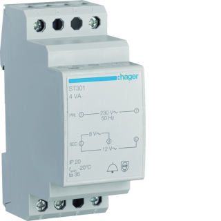 Transformateur de sonnerie 4VA 230VAC - 8 - 12VAC 2 modules