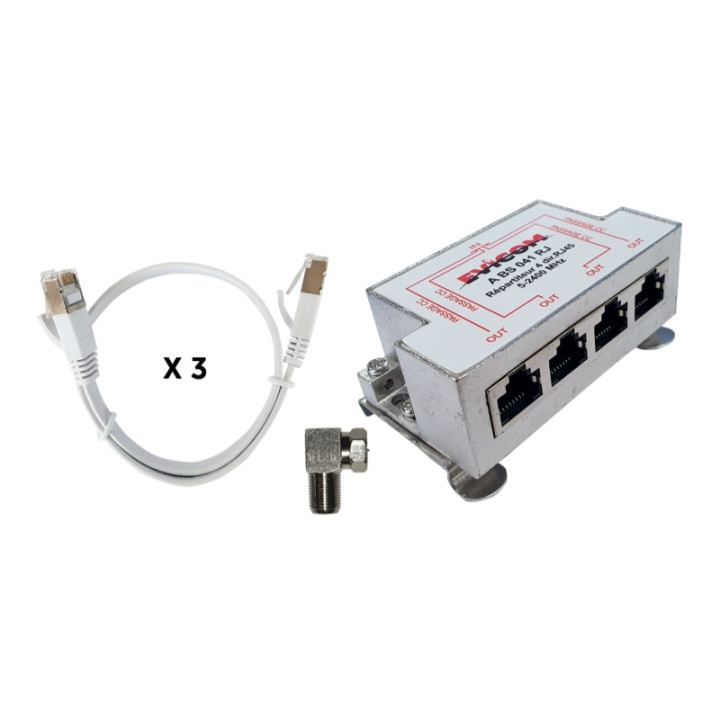 Kit Répartiteur ULB 4 dir. F/RJ45 + 3 cordons RJ/RJ plats + conn.F coudé 