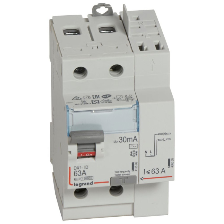 Interrupteur Différentiel Dx³-Id Haut Vis/Haut Auto 2P 230V~ 63A Ac 30Ma - 3 Mod