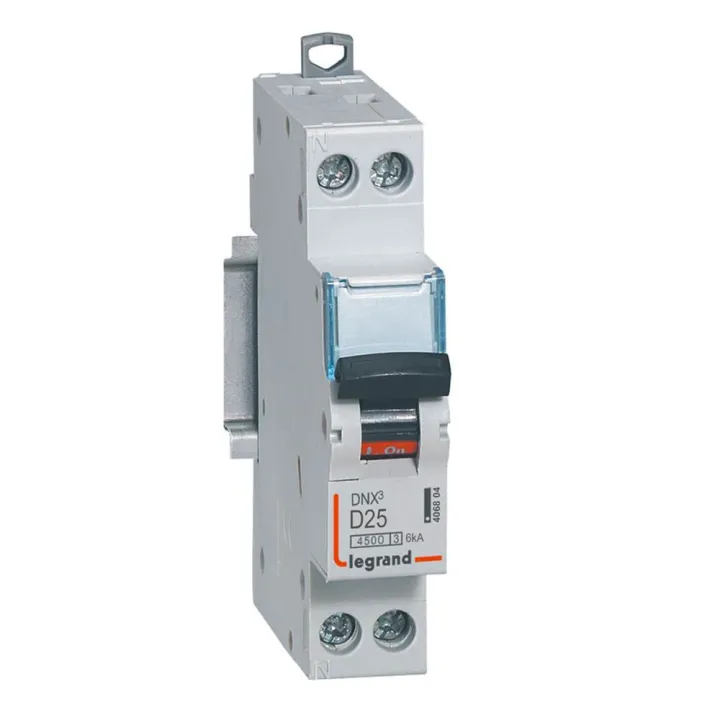 Disjoncteur Dnx³ 4500 - Vis/Vis - U+N 230V~ 25A - 4,5Ka - Courbe D - 1 Module