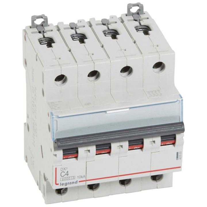 Disjoncteur Dx³ 6000 -Vis/Vis- 4P- 400V~-4A-10Ka-Courbec-Peigne Hx³ Trad 4P - 4M