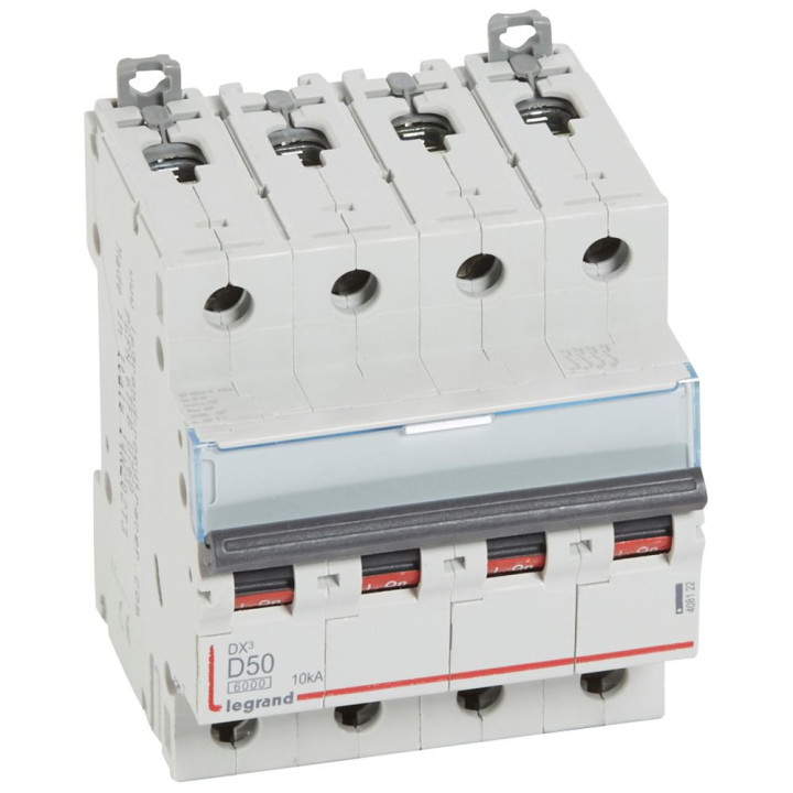 Disjoncteur Dx³ 6000-Vis/Vis-4P-400V~-50A-10Ka-Courbe D-Peigne Hx³ Trad 4P - 4M