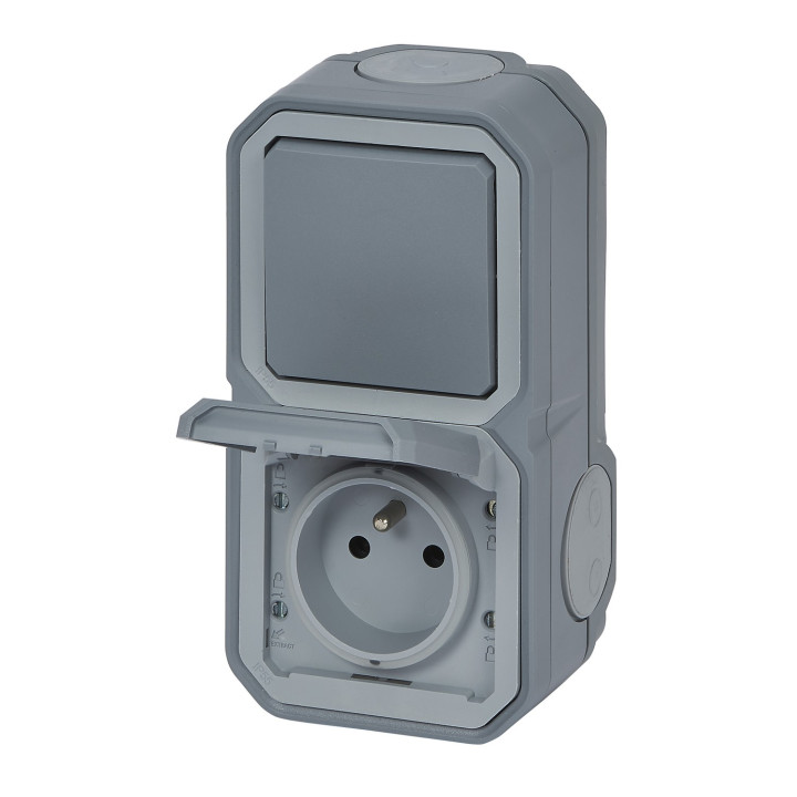 Prise De Courant Avec Va-Et-Vient Vertical Plexo Complet Saillie - Gris