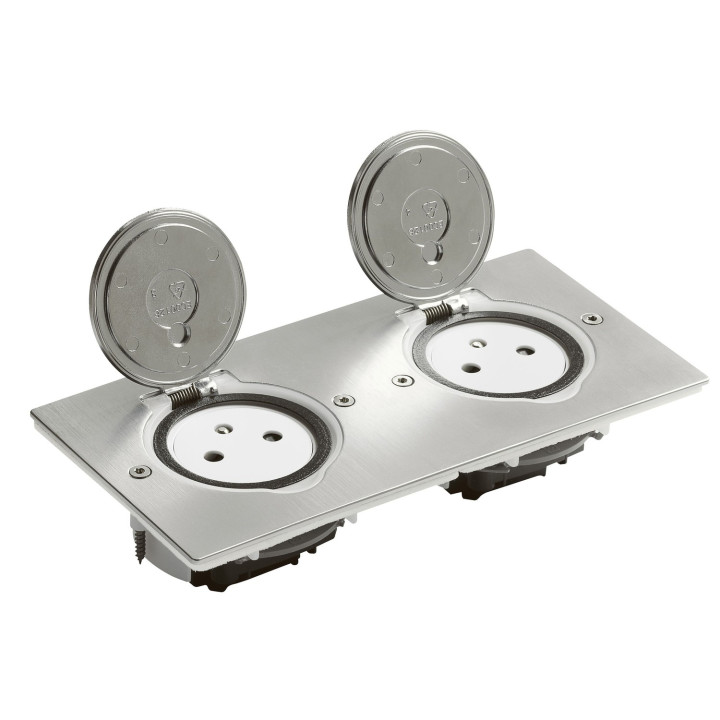 Prise De Sol Double 2P+T Surface 16A 250V Platine Rectangulaire - Inox Brossé