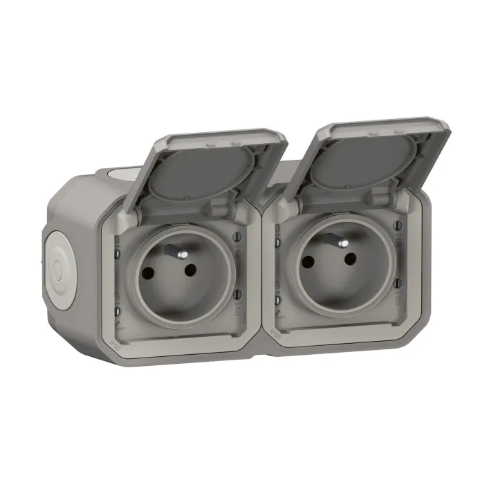 Prise De Courant 2X2P+T Horizontale Plexo Complet Saillie Gris