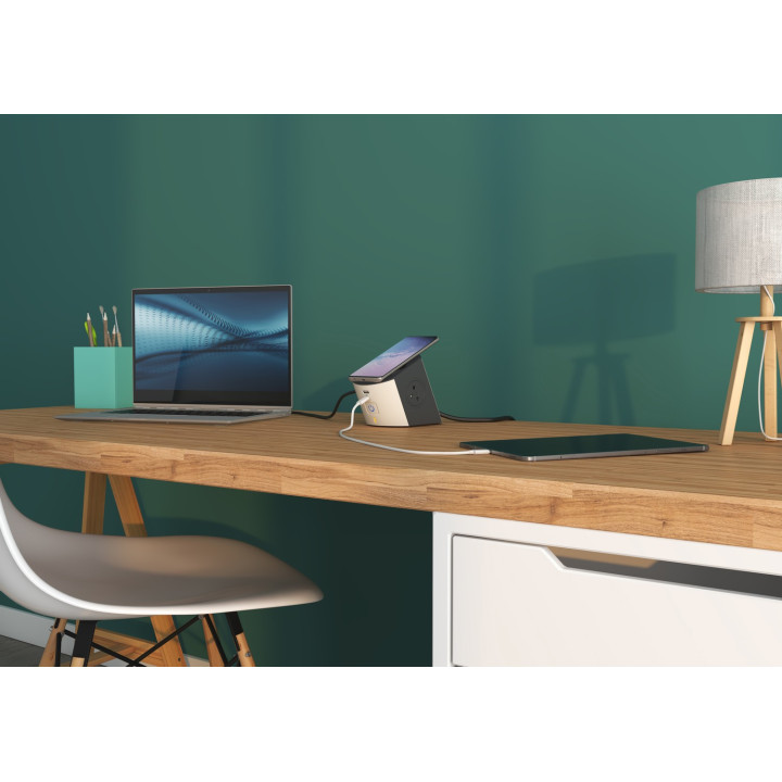 Station De Charge 2X2P+T, Chargeur Sans Fil , Usb A+C Et Cordon 2M - Blanc/Gris