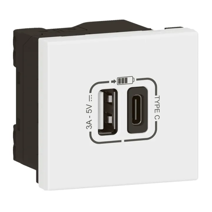 Prise Usb Type-A + Usb Type-C 3A 15W Mosaic Link 230V - 2 Modules Blanc