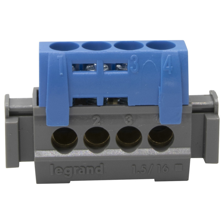 Bornier De Répartition Isolé Ip2X Neutre - 4X1,5Mm² À 16Mm² - Bleu - Long. 47Mm