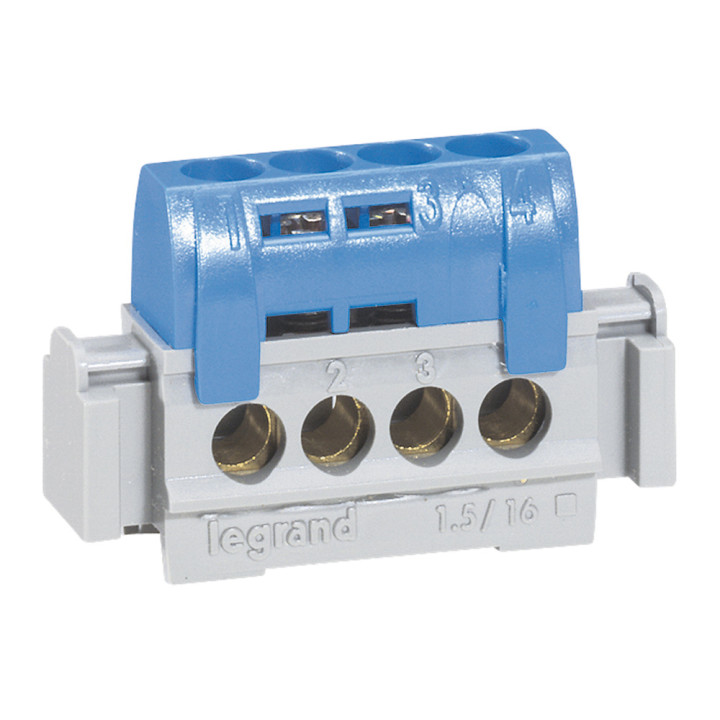 Bornier De Répartition Isolé Ip2X Neutre - 4X1,5Mm² À 16Mm² - Bleu - Long. 47Mm