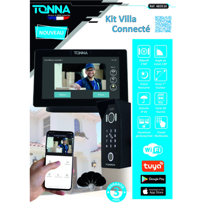 Kit Villa Wifi Noir À Clavier, 5 Badges Inclus + Écran Couleur 7" Tactile Noma