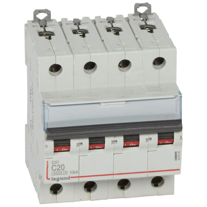Disjoncteur Dx³ 6000 -Vis/Vis- 4P- 400V~-20A-Courbec-Peigne Hx³ Trad 4P - 4M