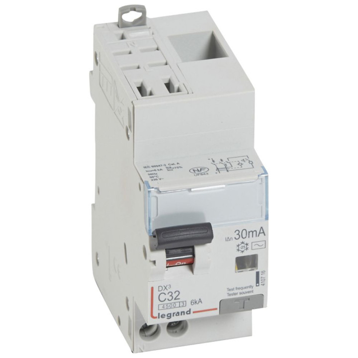 Disjoncteur Diff Dx³ 4500 -Auto/Vis -U+N 230V~ 32A - Typeac - 30Ma -Courbe C -2M