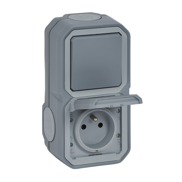 Prise De Courant Avec Va-Et-Vient Vertical Plexo Complet Saillie - Gris