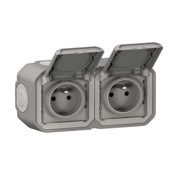 Prise De Courant 2X2P+T Horizontale Plexo Complet Saillie Gris