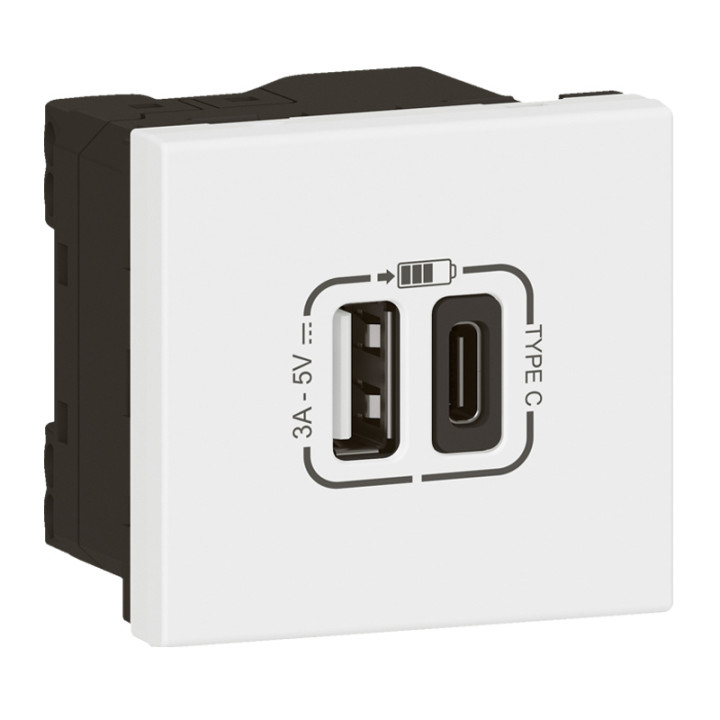 Prise Usb Type-A + Usb Type-C 3A 15W Mosaic Link 230V - 2 Modules Blanc