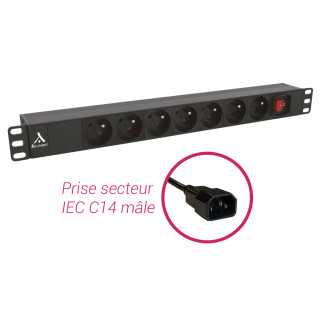 BANDEAU 19' 1U 7 PRISES FR AVEC INTER LUMI AVEC CORD 2 M IEC C14 MALE