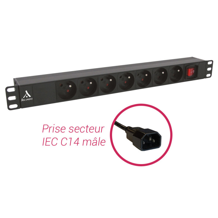 Bandeau 19' 1U 7 Prises Fr Avec Inter Lumi Avec Cordon 2 M Iec C14 Male