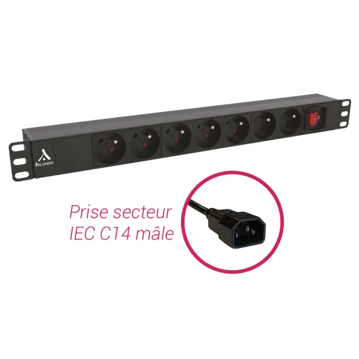 Bandeau 19' 1U 7 Prises Fr Avec Inter Lumi Avec Cordon 2 M Iec C14 Male