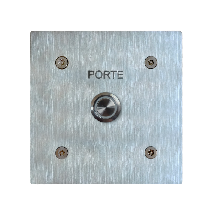 Bouton poussoir lumineux NO/NF en inox avec gravure, idéal pour portes d’accès.