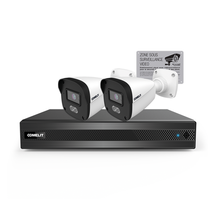 Kit IP comprenant un NVR 4 canaux et deux caméras BC 4MP, avec accessoires pour