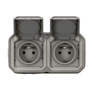 Double Prise De Courant Horizontale Avec Volet Plexo Complet Saillie - Gris