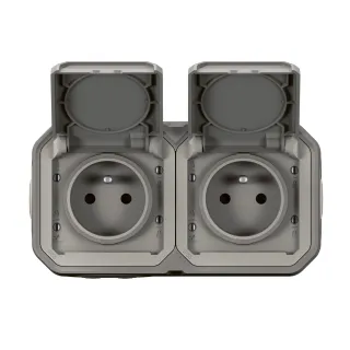 Double Prise De Courant Horizontale Avec Volet Plexo Complet Saillie - Gris