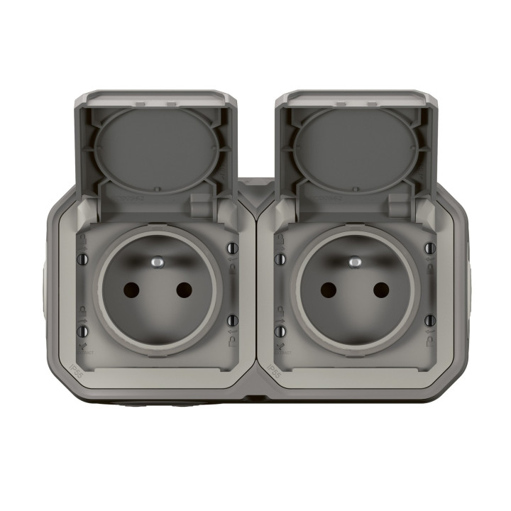 Double Prise De Courant Horizontale Avec Volet Plexo Complet Saillie - Gris