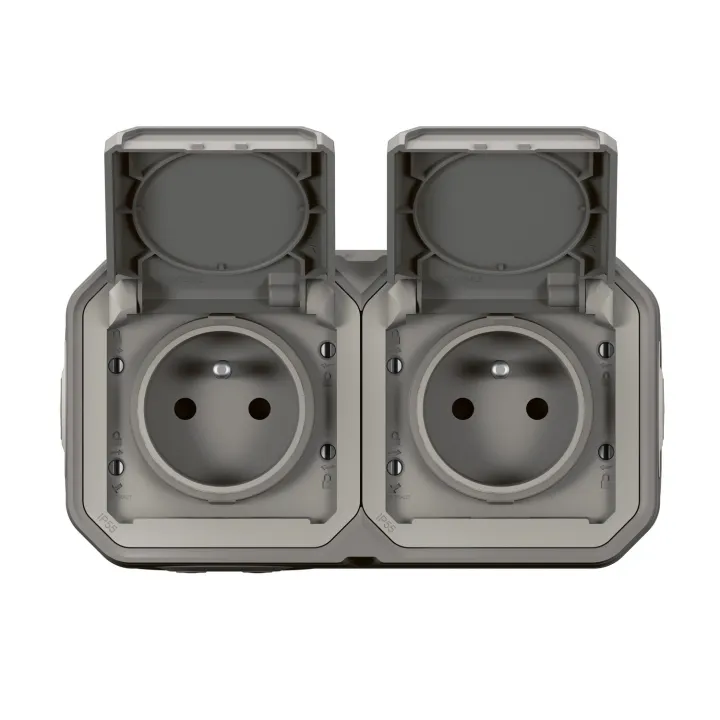 Double Prise De Courant Horizontale Avec Volet Plexo Complet Saillie - Gris
