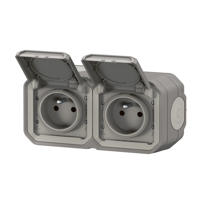 Double Prise De Courant Horizontale Avec Volet Plexo Complet Saillie - Gris