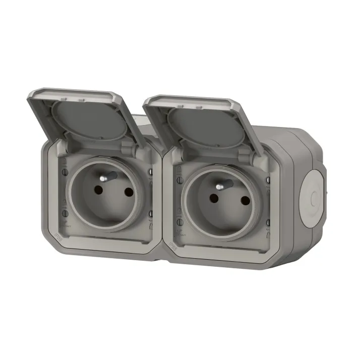 Double Prise De Courant Horizontale Avec Volet Plexo Complet Saillie - Gris