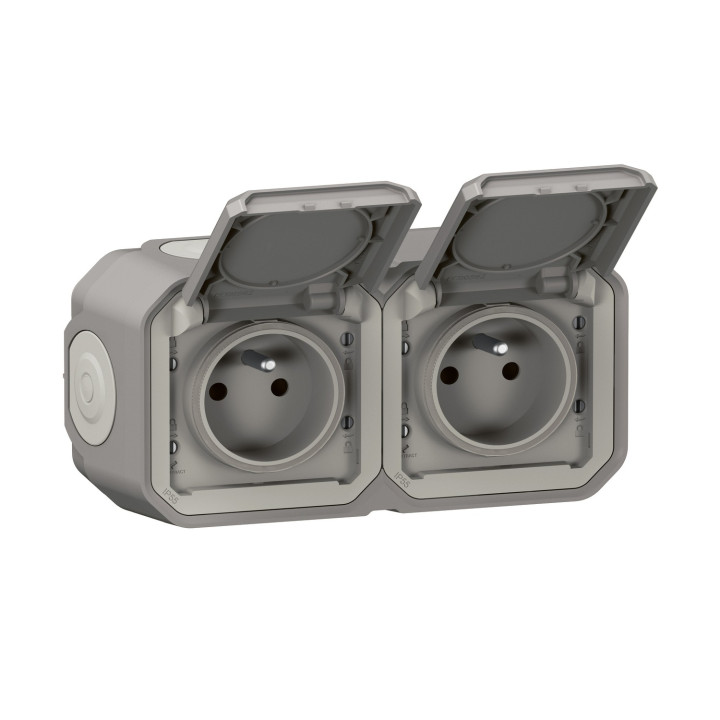 Double Prise De Courant Horizontale Avec Volet Plexo Complet Saillie - Gris