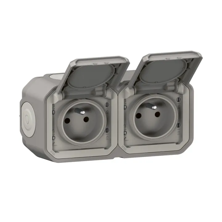Double Prise De Courant Horizontale Avec Volet Plexo Complet Saillie - Gris