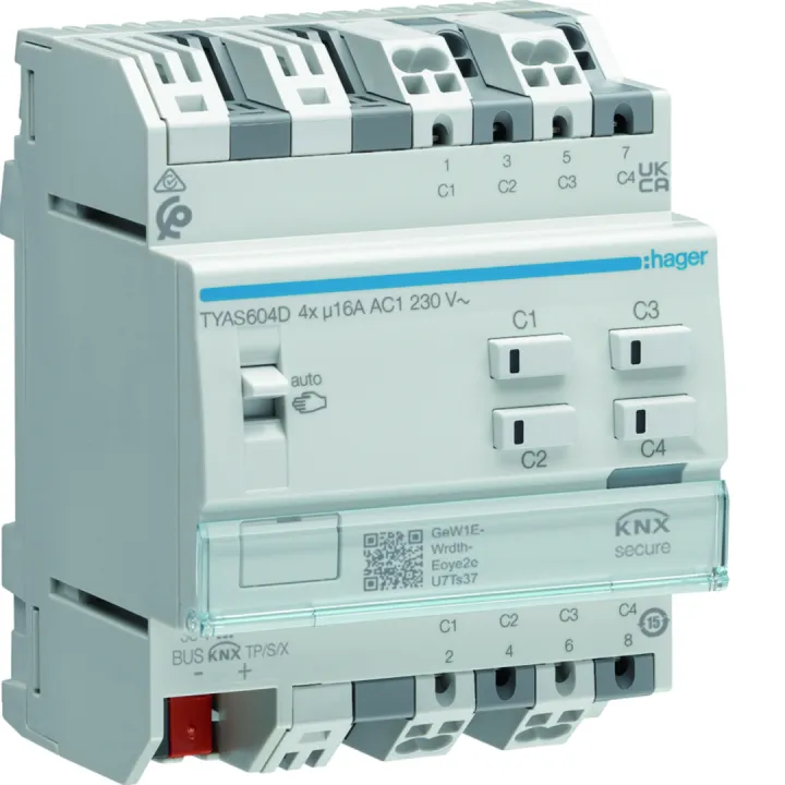 Actionneur KNX Secure 4 sorties 16A/230V charge capacitive config Mode Easy/ETS