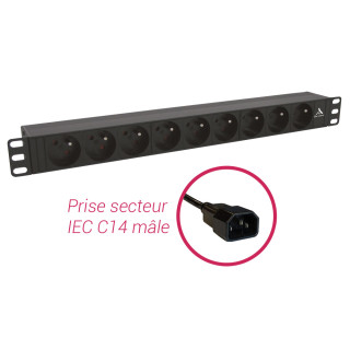 BANDEAU 19' 1U 9 PRISES FR SANS INTER+CORDON 2 M IEC C14 MALE