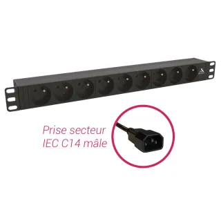 BANDEAU 19' 1U 9 PRISES FR SANS INTER+CORDON 2 M IEC C14 MALE