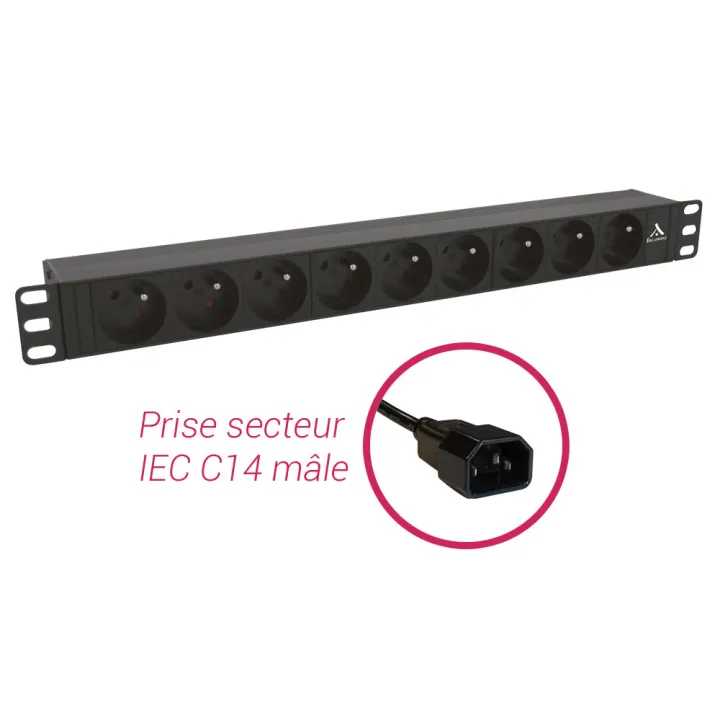 BANDEAU 19' 1U 9 PRISES FR SANS INTER+CORDON 2 M IEC C14 MALE